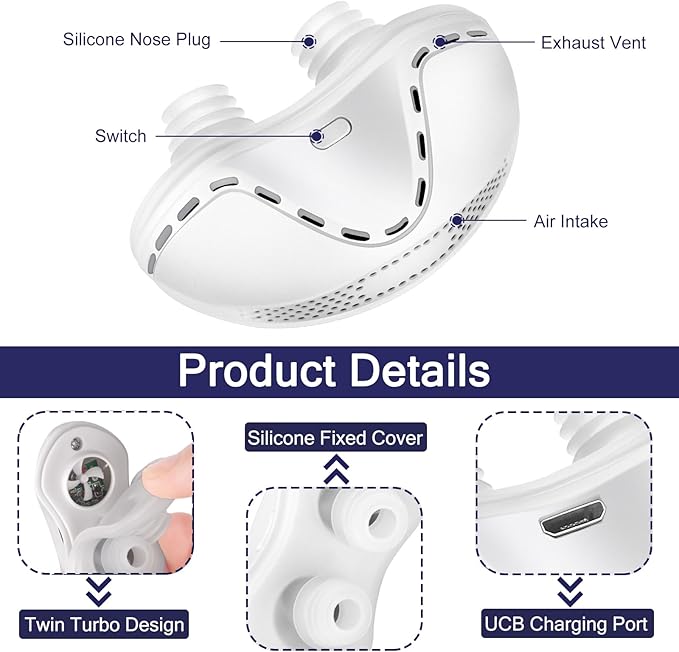 Anti Snoring Device, Adjustable Wind Speed Snoring Solution, Electric Anti Snoring Devices Nasal Dilator Nose Vents Plugs,Stop Snoring Suitable for Men & Women,White