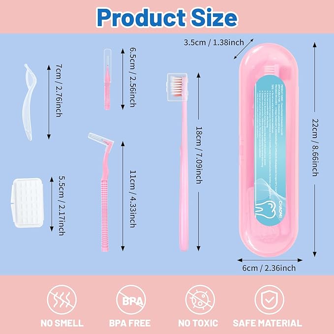 Orthodontic Care Travel Kit | V-Shape Toothbrush with Soft Bristles, Interdental Brushes, Orthodontic Wax, and Breathable Case | Portable Dental Kit for Braces and Aligners(PINK)