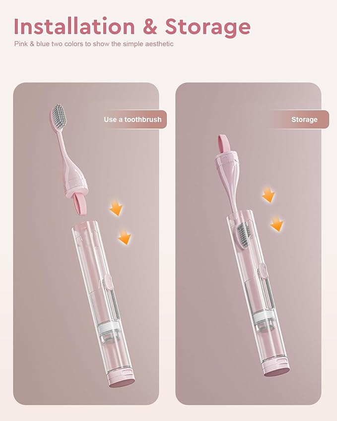 2 Pcs Travel Toothbrush Kit Fold Built-in Toothbrushes Set, Soft Bristles for Travel Camping School Business Trip Essential (Blue, Pink)