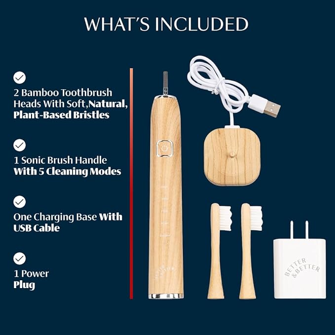 Better & Better Sonic Bamboo Electric Toothbrush for Adults | Rechargeable Electric Bamboo Toothbrush w/Plant-Based Bristles | Soft Brush Heads incl. | 5 Cleaning Modes & Long-Lasting Battery
