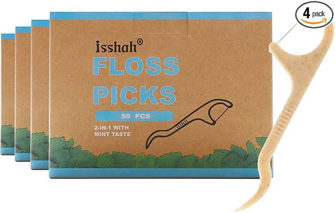 Natural Dental Floss Picks - 200 Count - PETA Approved, BPA Free, Vegan, Sustainable, Eco Friendly, Natural Dental Flossers by Isshah (Mint)