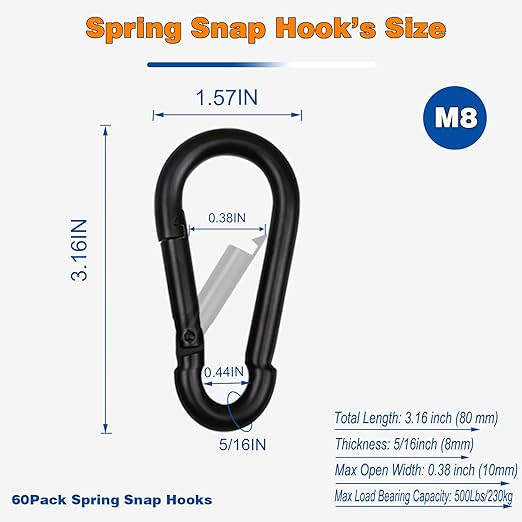 60PCS 3'' Spring Snap Hook Carabiners, M8 5/16Inch Galvanized Steel Quick Link Carabiner Clips, Heavy Duty Spring Clips Link Buckle for Outdoors Fishing Camping Hammock Dog Leashes,Black