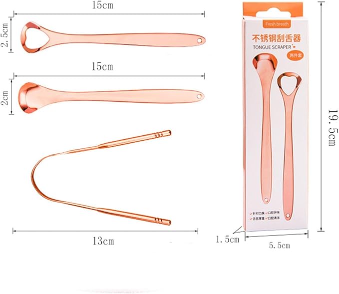 tooloflife 3 Packs Tongue Scraper Kit Stainless Steel Tongue Cleaner Tongue Brush for Reduce Bad Breath and Fresh Breath (Rose Gold)