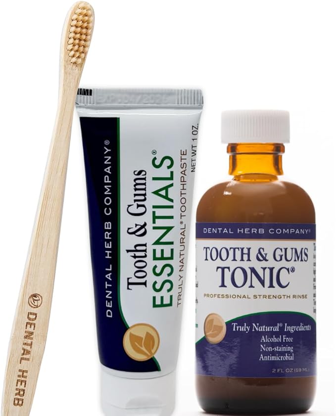 Dental Herb Company - Tonic Mouthwash and Essentials Toothpaste Travel Kit - Made with Pure Essential Oils to Relieve Bad Breath, Bleeding, and Irritated Gums. 2 oz. Mouthrinse - 1 oz. Toothpaste