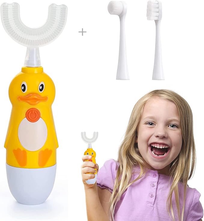 Kids Electric Toothbrush, U-Shaped Automatic Toothbrush,360° Cleaning with Three Types of Brush Heads,Large for 7-12 Years,Cartoon Modeling,Yellow,1 Pack