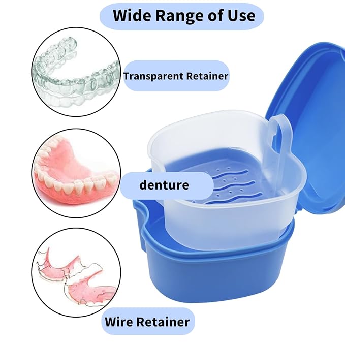 2pcs Denture Bath Retainer Case, Dentaure Cups for Soaking Dentures with Strainer Basket Tray,Compact and Pportable Design, Suitable for Traveling (Pink+White)