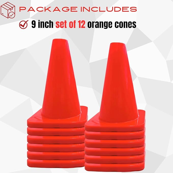 6, 9, 12, 18, 28 Inch Sports Training Traffic Cones - Durable Orange Cones for Soccer, Football, Basketball, Agility Drills, Parking, Safety, Road Use (Set of 12)