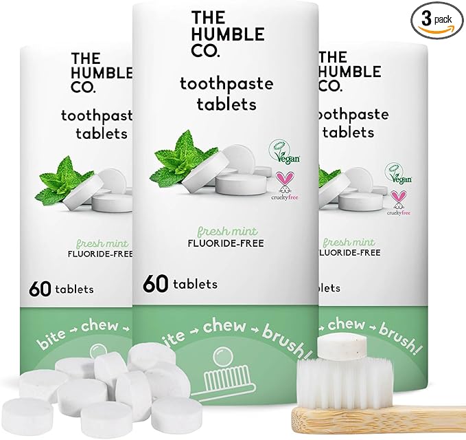 The Humble Co. Mint Toothpaste Tablets Fluoride-Free, 3pk - Anticavity, Fluoride Free Toothpaste Dental Tablets with Natural Ingredients, Dentist Developed Formula (Mint, 3 Pk)