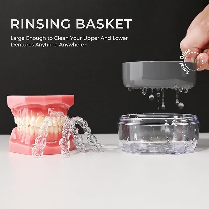 Denture Case, Leak Proof Denture Bath Cup, Denture Soaking Container Cups for Dentures, Retainers, Mouth Guard Storage Case, Full & Partial Denture Cleaning Holder Box with Strainer, Black