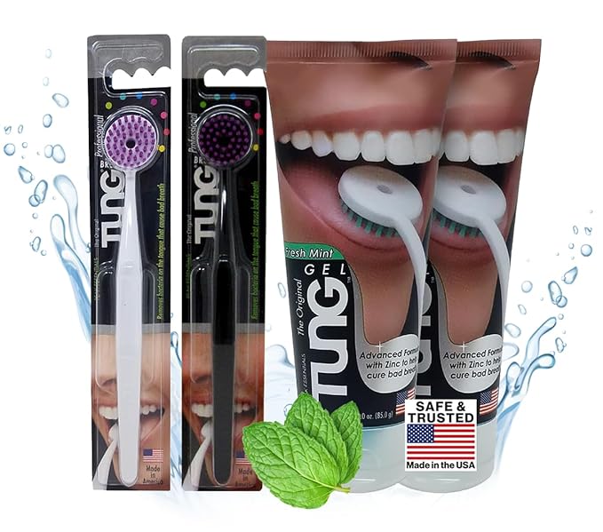 Tung Tongue Cleaning Kit, Tung Brush and Gel, Bad Breath Odor Eliminator, Halitosis Defense, USA Made (Set of 2)