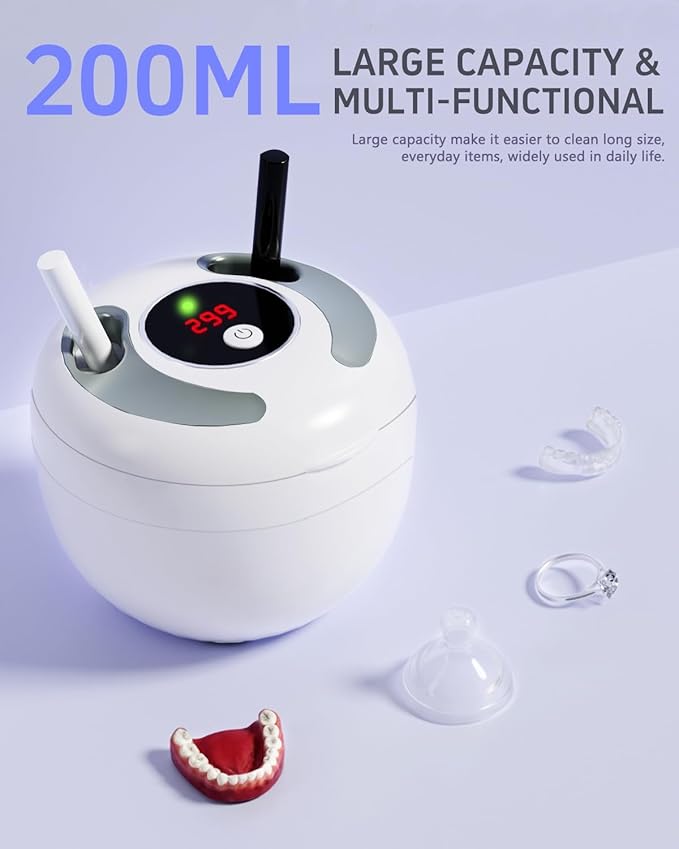 Dental Ultrasonic Retainer Cleaner Machine 45kHz, UV Denture Cleaner with 4 Modes Digital Timer, Portable 200ML UltraSonic Cleaning Pod for Night Mouth Guard, Aligner, Braces, Jewelry and More-White