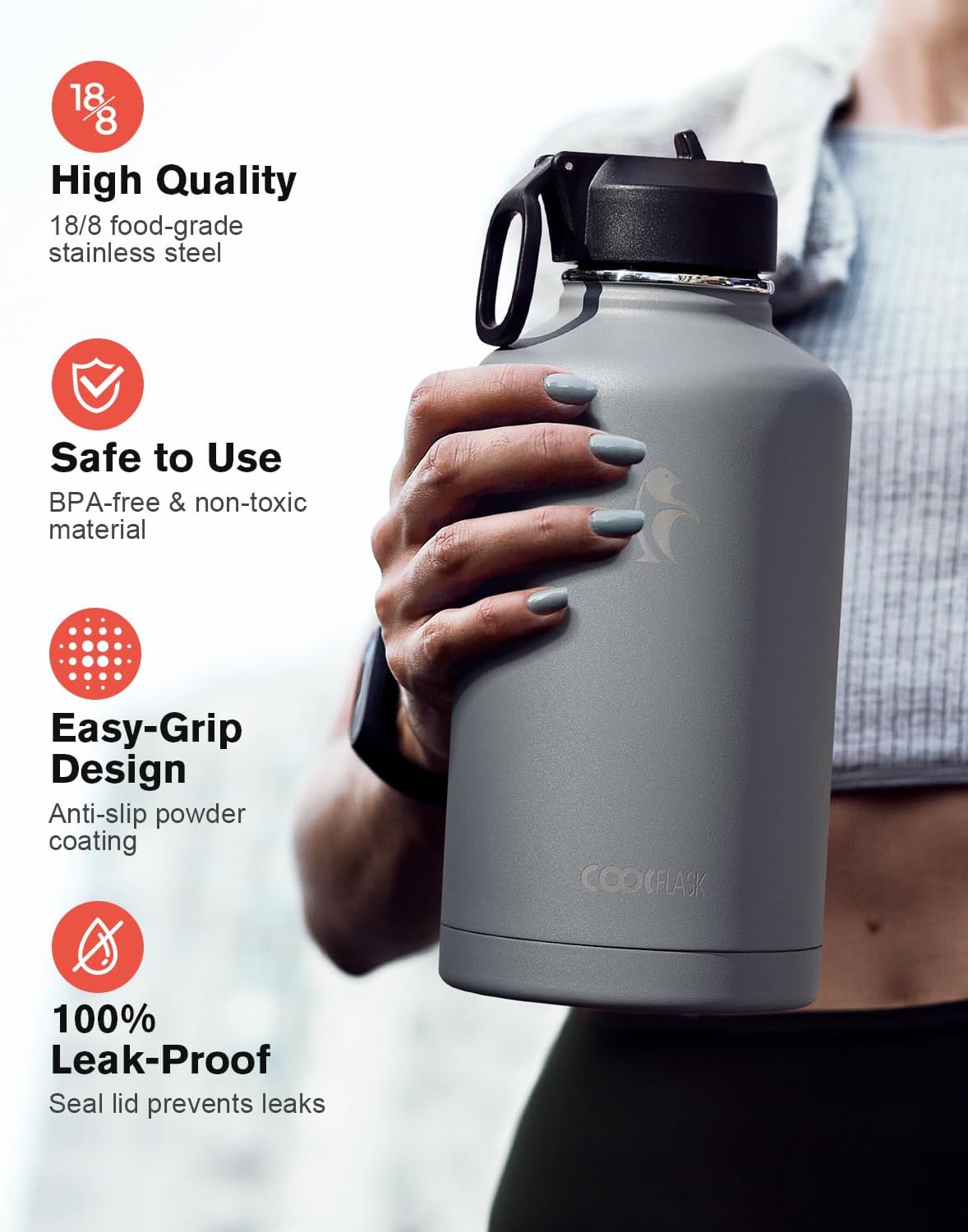 64 oz Insulated Water Bottle with Straw & 3 Lids, Coolflask Half Gallon Water Jug Large Metal Stainless Steel Wide Mouth for Sports, Gym or Office, Non-BPA Keep Cold 48H Hot 24H, Knight Grey