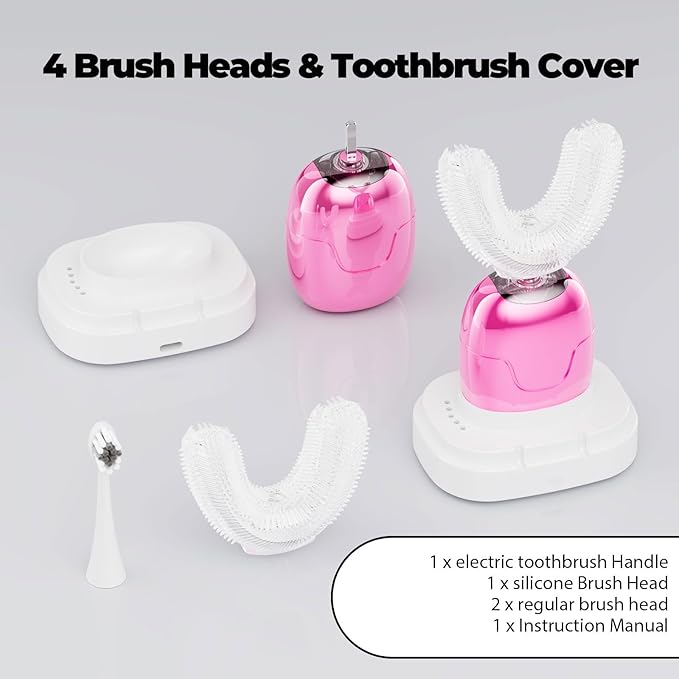 U Shaped Electric Toothbrush for Adults - 360° Adult u Shaped Brush Nylon bristles, Rechargeable Electric Toothbrush,Teeth Whitening Brush for Home & Travel Use (Pink)