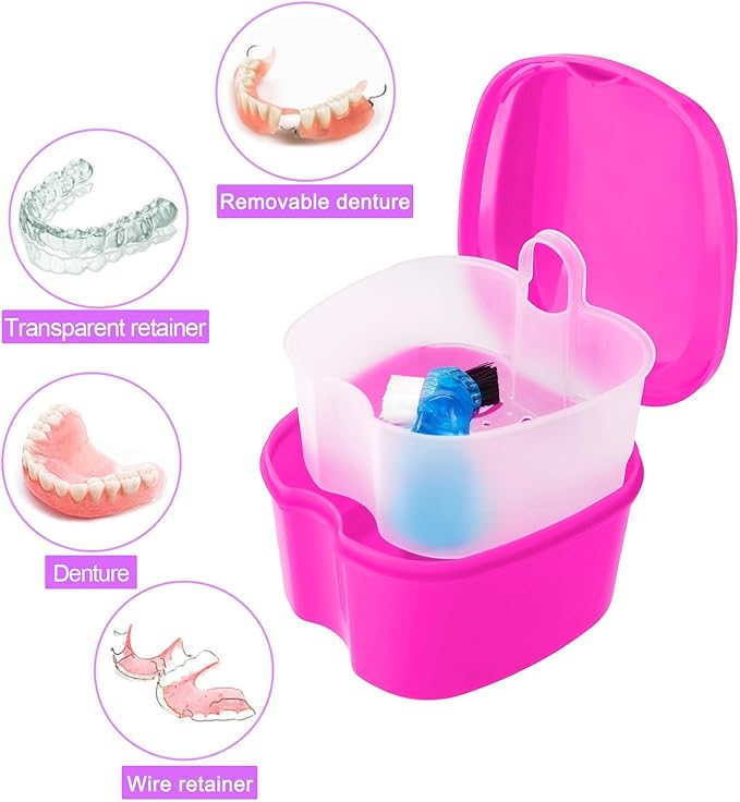 Keedolla 2 Pack Denture Bath Box Cup Retainer Cleaner Case with Strainer Basket, Mouth Guard Cleaning Case Denture Storage Soaking Holder - Black & Rose Red