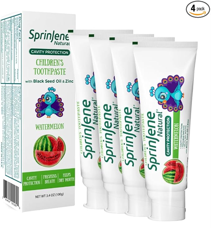 SprinJene Natural Children’s Toothpaste – Watermelon Fluoride Toothpaste for Kids & Toddlers – Cavity Protection – Safe Natural Formula with Patented Black Seed Oil & Zinc – Made in The USA (4 Pack)
