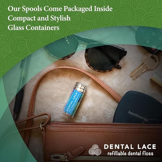 Dental Lace Refillable Silk Dental Floss -100% Silk Floss with Mint Flavor, PFAS & PTFE Free - Includes 1 Refillable Glass Floss Container & 2 Spools (66 Yards) - Recyclable Packaging (Pack of 2)