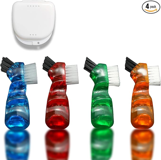 4 Pieces Mini Denture Cleaning Brush Set with Multi-Layered Bristles with Aligner Removal Tool Portable Denture Double Sided Brush for False Teeth Cleaning Easy to Carry 4 Color