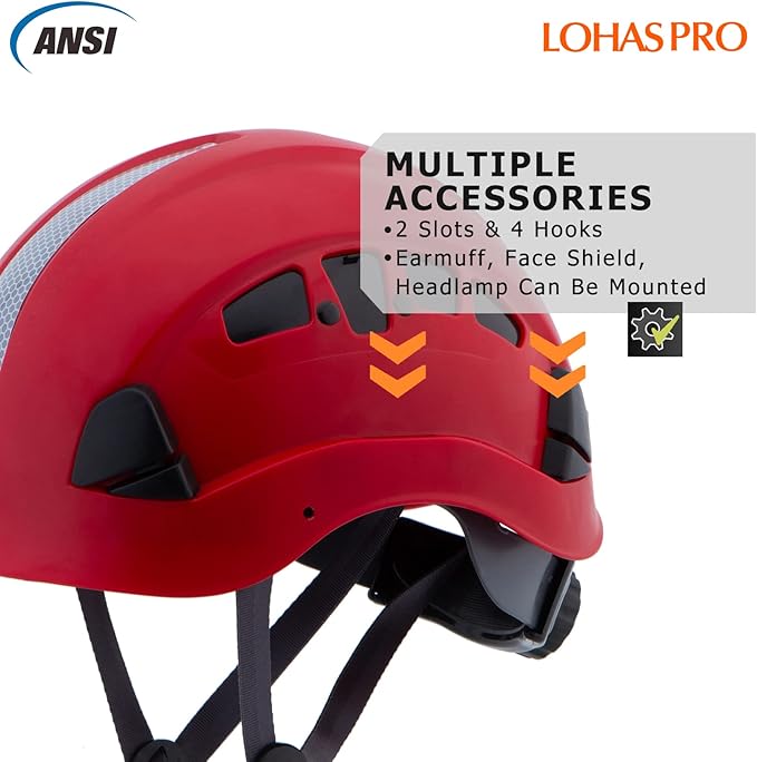 LOHASPRO Hard Hats Construction Safety Helmet ANSI Z89.1 Approved OSHA Hardhat, Vented Men Worker Red Hard Hat with Chin Strap Tree Climbing Rescue Arborist Helmet (P6 Red)
