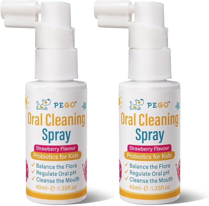 PEGO Kids Oral Spray, Toddler Toothpaste Helper for Daily Oral Care and Fresh Breath, Children Approved with Fluoride Free for Newborn to Preschoolers, Xylitol (40ml*2, Strawberry)