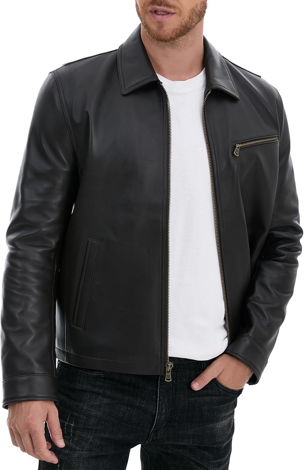 Leather Jacket Men,Lambskin Jacket with Full Zip Front,Casual Style,Tailored Design,Metal Snap Cuffs