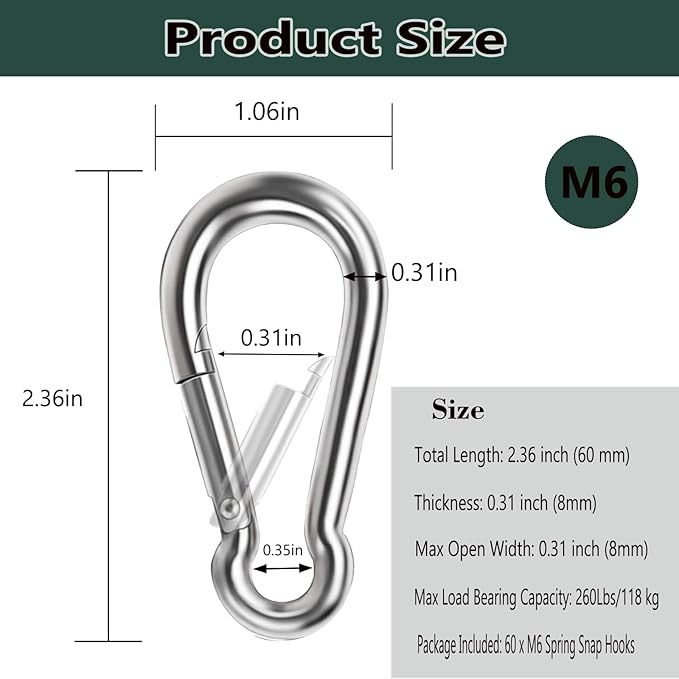 M6 Spring Snap Hook Carabiners, Carabiner Clip, Heavy Duty Galvanized Steel Spring Clip, Quick Link Key Chain for Swing Hammock Gym Outdoor, Holding Capacity