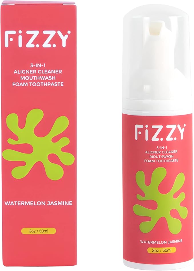Fizzy 3-in-1 Foam Cleaner for Aligner, Retainer, Denture, Night Guard, MouthGuard, Invisalign | Free of Alcohol, SLS, Fluoride | Xylitol Mouthwash & Foam Toothpaste| Travel-Size Watermelon Jasmine