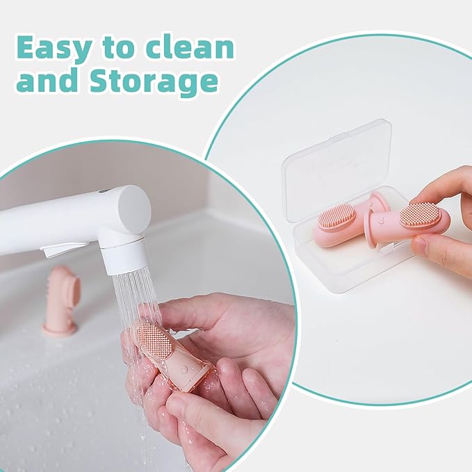 BumbleBee Silicone Baby Finger Toothbrush, Oral Cleaning & Teething Brush for Infants & Toddlers, 0 Months+, 2 Count with Travel Storage Case - Pink