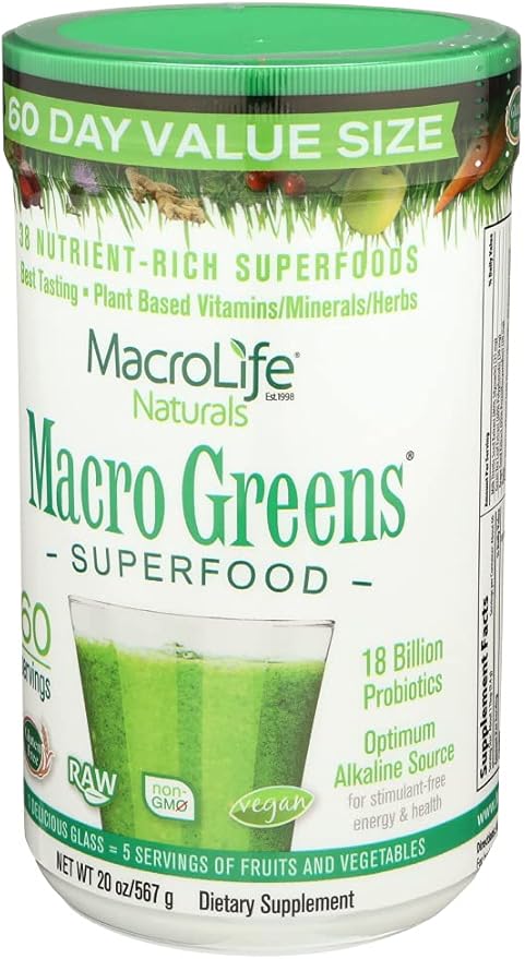 MacroLife Naturals Macro Greens Powder 38 Superfood Probiotic Antioxidant Enzyme & Herbal Supplement Immunity Energy Cleanse - Non-GMO Vegan Gluten-Free Dairy-Free - 60 Servings