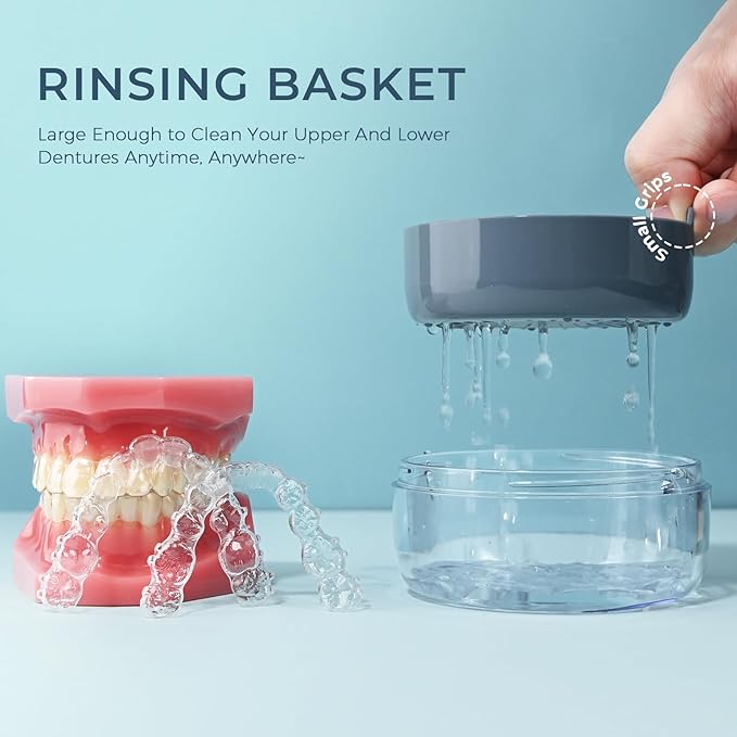 Denture Case, Leak Proof Denture Bath Cup, Denture Soaking Container Cups for Dentures, Retainers, Mouth Guard Storage Case, Full & Partial Denture Cleaning Holder Box with Strainer, Blue