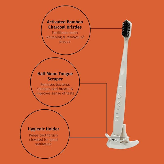 TOKII Tongue Scraper Cleaner Charcoal Bristles Toothbrush for Bad Breath with Waterproof Pouch for Travel, Hygienic Stand and Enviromentally Friendly (White, Pack of 1)