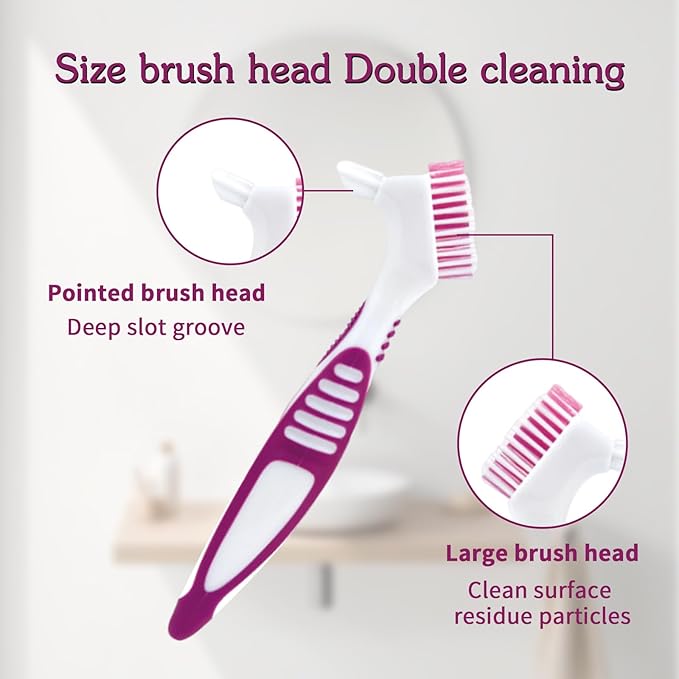 Denture Brush, 2 Pcs False Teeth Toothbrush with White Carrying Case, Multi-Tiered Bristles with Comfort Grip Handle for Effective Denture Cleaning