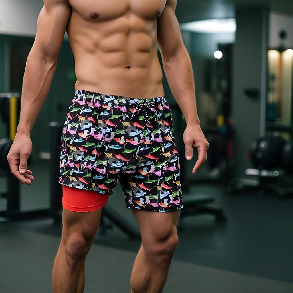 INGEAR Men's Athletic Stretch Workout Shorts Gym Quick Dry Running Trunks Boxer Lining