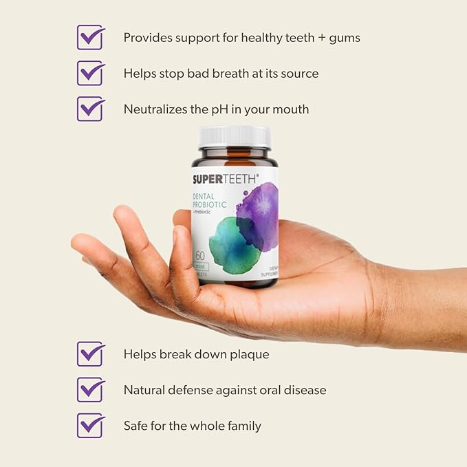 SuperTeeth Chewable Dental Probiotic for Adults & Kids | Support Healthy Teeth & Gums | Oral Health | Fights Bad Breath | BLIS M18 | 30 Mint Flavored Tablets | Fluoride & Sugar Free | Vegan Supplement
