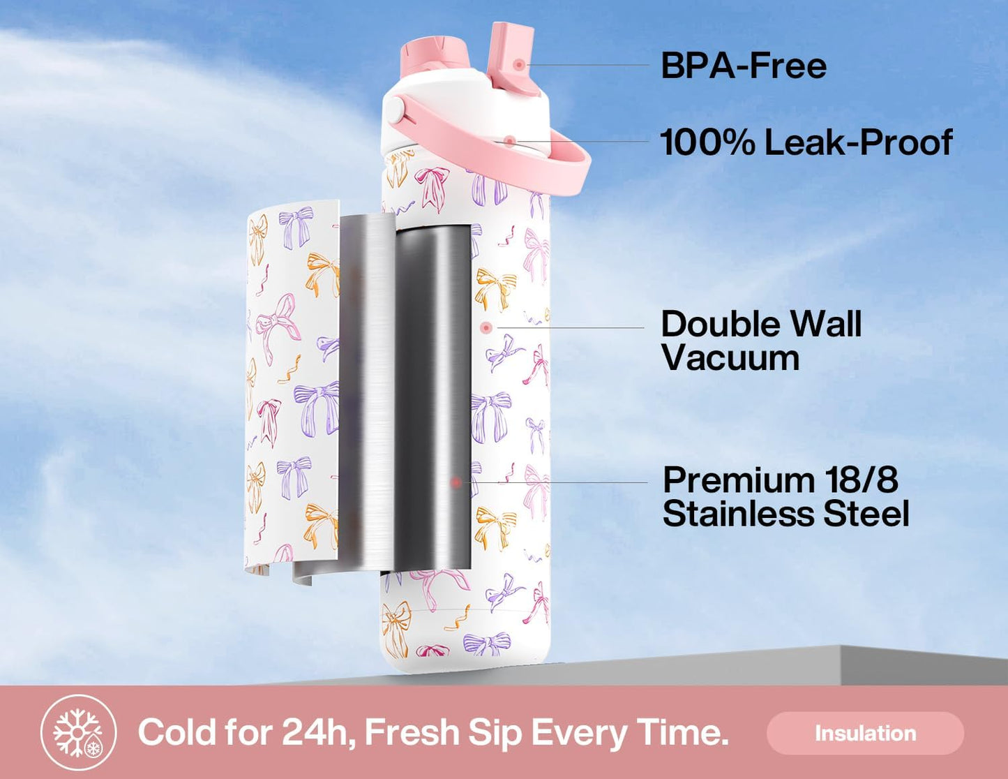 26 oz Insulated Water Bottle with 2-in-1 Straw and Spout Lid, Keep Cold 24H, Leak-Proof, Fits in Car Cup Holder, Stainless Steel Water Bottle for Sports, Travel, and School (Ribbon Whimsy)