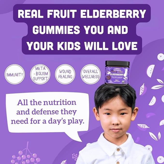 Llama Naturals Elderberry Gummies for Kids, Vegan, Organic Immune Support Supplement with Vitamin C and Zinc, Toddler Real Fruit Gummy Vitamins for Immunity, Chewable, No Added Sugar Cane, 60 Ct