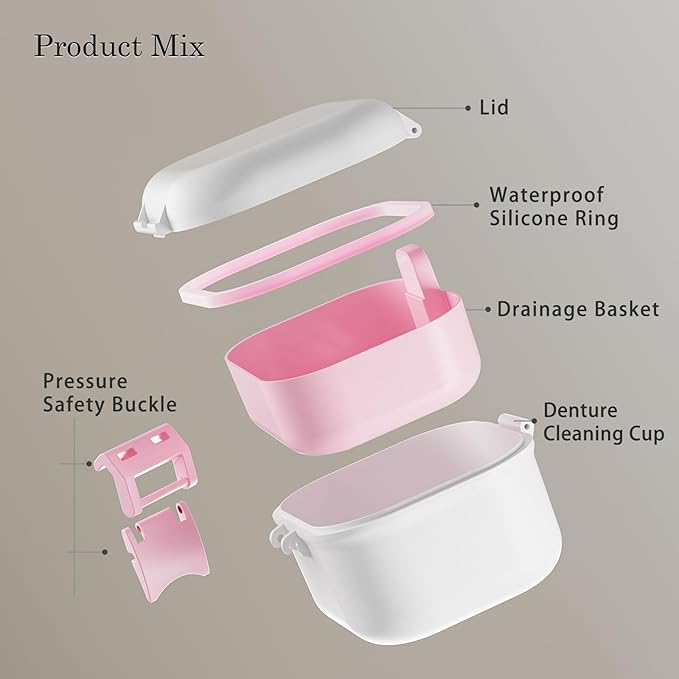 BVN Leak-Proof Denture case, Denture Cup for Soaking dentures, Retainer Cleaning case Pink and White Denture case