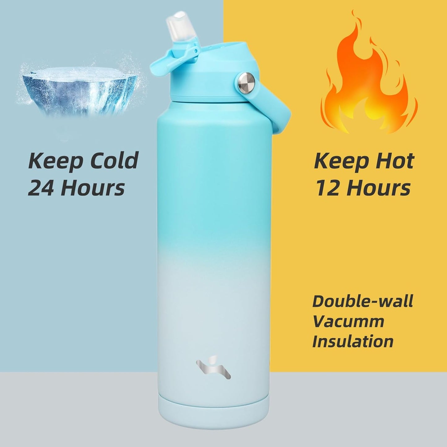 Insulated Water Bottle with Straw Lid,40 oz Stainless Steel Vacuum Metal Bottle with Silicone Handle,Sea Salt