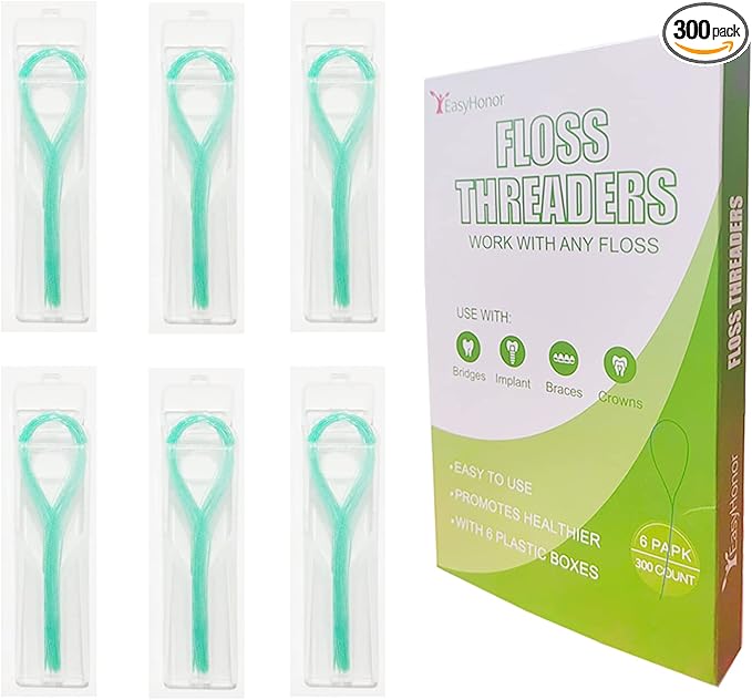 EasyHonor Dental Floss Threaders for Braces, Bridges, and Implants,Green, 300 Count (6 Pack)