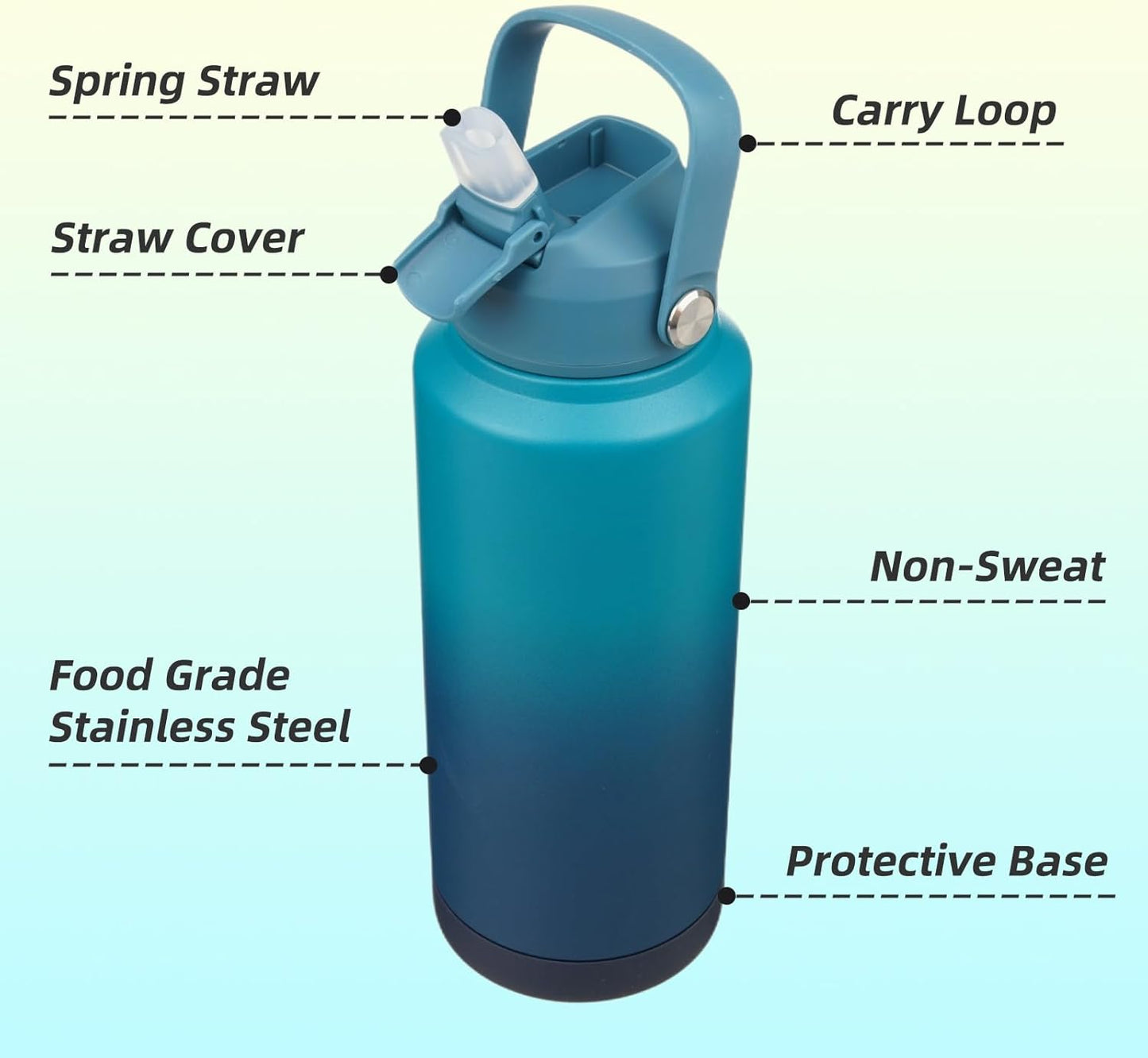 Insulated Water Bottle with Straw Lid,32 oz Stainless Steel Vacuum Metal Bottle with Silicone Handle,Vast