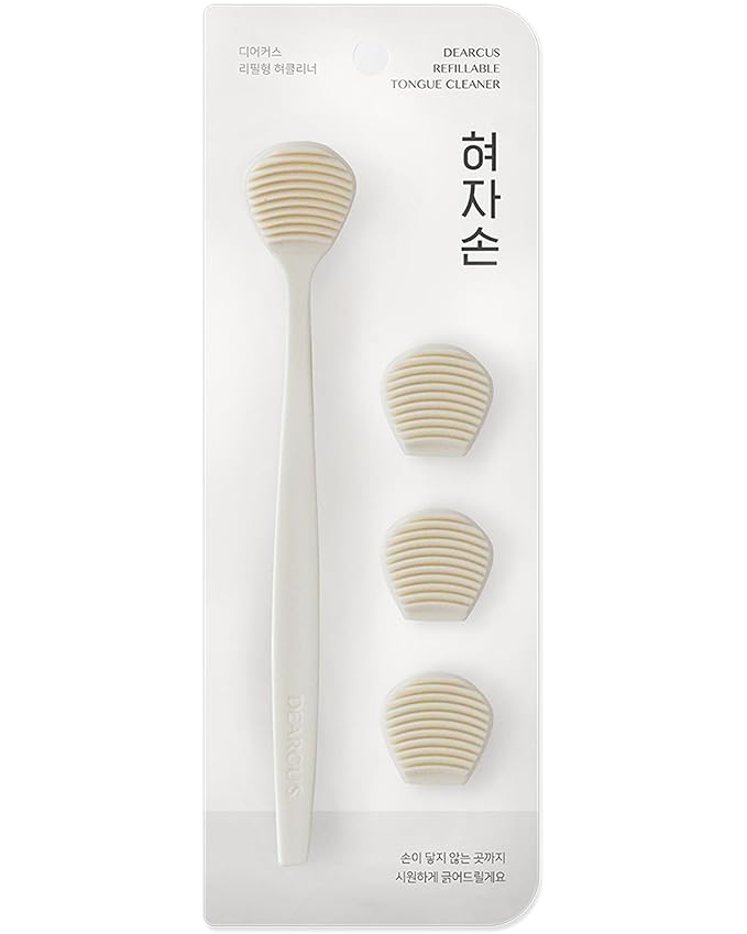 DEARCUS Korean Tongue Scraper with 3 Replaceable Heads - 100% BPA Free TPE Tongue Cleaner - Reduce Bad Breath & Without Hurt - Hygienic Scraper - Modern & Simple Design (White)