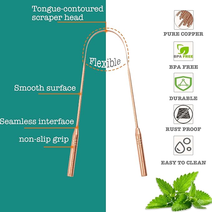 Copper Tongue Scraper (2 Pack), Tongue Cleaner for Reduce Bad Breath, Tongue Scrapers for Adults & Kids, 100% Copper Metal Tongue Scrubber Set for Oral Care & Easy to Use (short-handle)