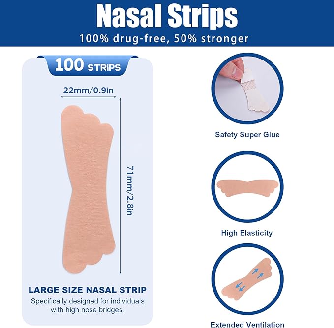 100Pcs Nasal Strips for Snoring, Extra Strength Nose Strips Breathing, Nose Tape for Sports and Sleep, Anti Snoring Strips Help Stop Snoring and Nasal Congestion Relief