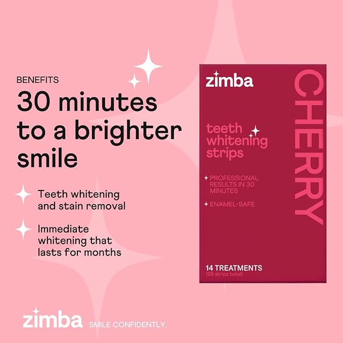 New Zimba Cherry Flavored Teeth Whitening Strips | Vegan, Enamel Safe Hydrogen Peroxide Teeth Whitener for Coffee, Wine, Tobacco, and Other Stains | 14 Day Treatment | Cherry
