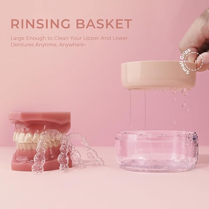 Denture Case, Leak Proof Denture Bath Cup, Denture Soaking Container Cups for Dentures, Retainers, Mouth Guard Storage Case, Full & Partial Denture Cleaning Holder Box with Strainer, Pink