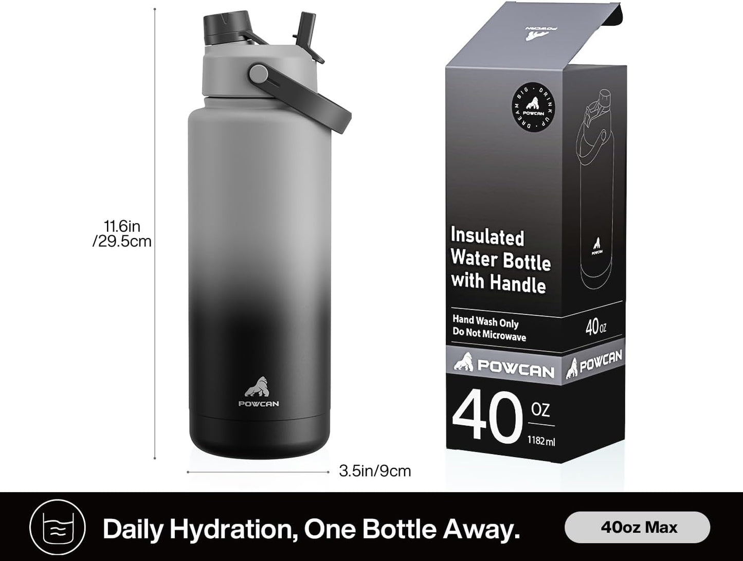 40 oz Insulated Water Bottle with 2-in-1 Straw and Spout Lid, Keep Cold 24H, Leak-Proof, BPA-Free, Double Wall Stainless Steel Water Bottle for Sports, Gym, Travel, and School (Obsidian)