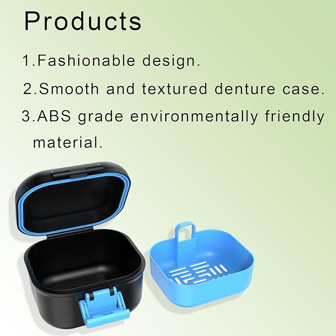 BVN Leak-Proof Denture Case, Denture Cup for Soaking Dentures, Retainer Cleaning Case Black and Bule Dent