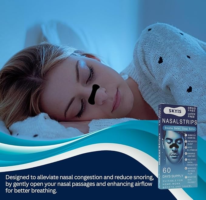 Nasal Strips for Better Breathing, 60 Count Strong Hold Nose Strips for Day & Night Use, Sweat Resistant, Comfortable Fit, Helps Reduce Snoring Sounds & Support Clear Breathing