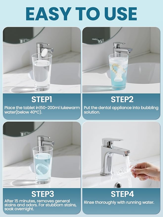 Nicwell Effervescent Retainer Cleaner Tablets: Kills 99.9% Odor-Causing Bacteria on Dentures & Orthodontic Appliances 60pcs Travel Friendly White