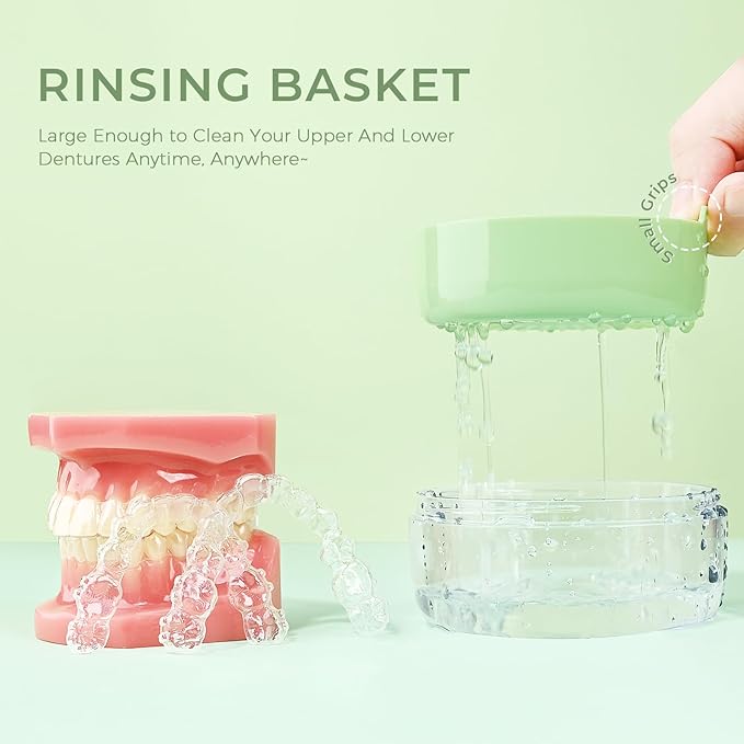 Denture Case, Leak Proof Denture Bath Cup, Denture Soaking Container Cups for Dentures, Retainers, Mouth Guard Storage Case, Full & Partial Denture Cleaning Holder Box with Strainer, Green