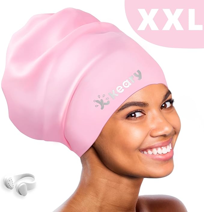 Keary Extra Large Swim Cap for Braids and Dreadlocks Extensions Weaves Long Hair, Waterproof Silicone Cover Ear Bath Pool Shower Swimming Cap for Adult Youth to Keep Hair Dry, Easy to Put On and Off